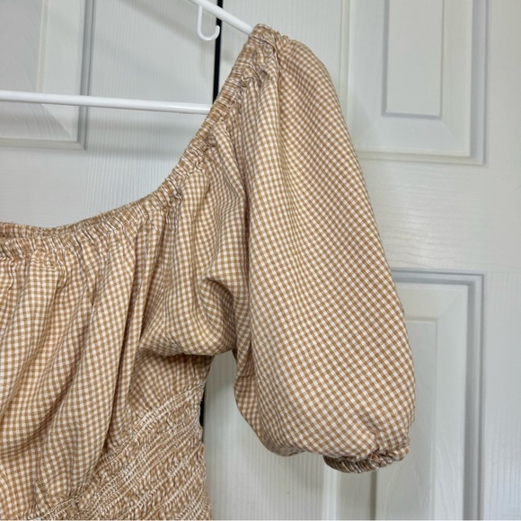 Japna Tan Check Puff Sleeve Elastic Waist Praire Cottagecore Off Shoulder Top L - Picture 2 of 14